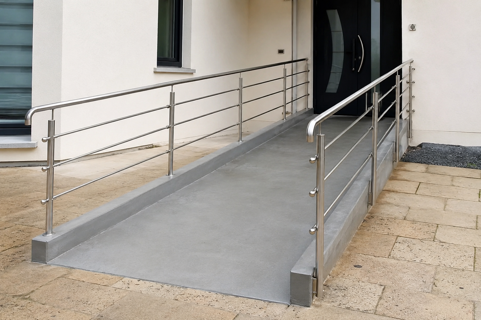 Rampe d’accès avec mains courantes installée devant l’entrée d’un bâtiment.
