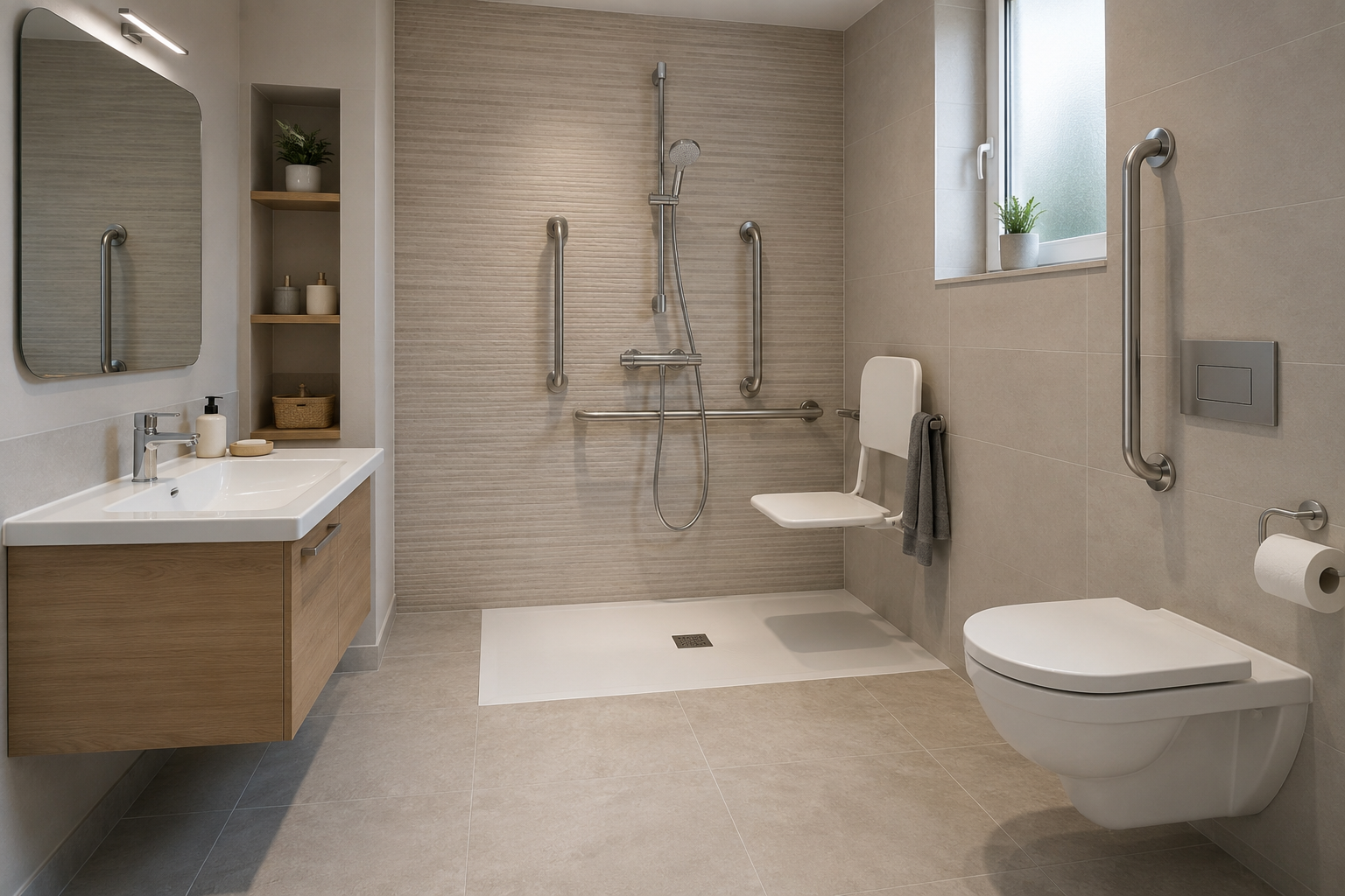 Salle de bain adaptée avec douche de plain-pied, sol antidérapant, barre d’appui et lavabo accessible.